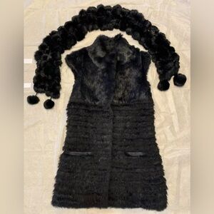 Charm Furs New York Genuine Rabbit Fur Long Vest Black Size S With Fur Scarf